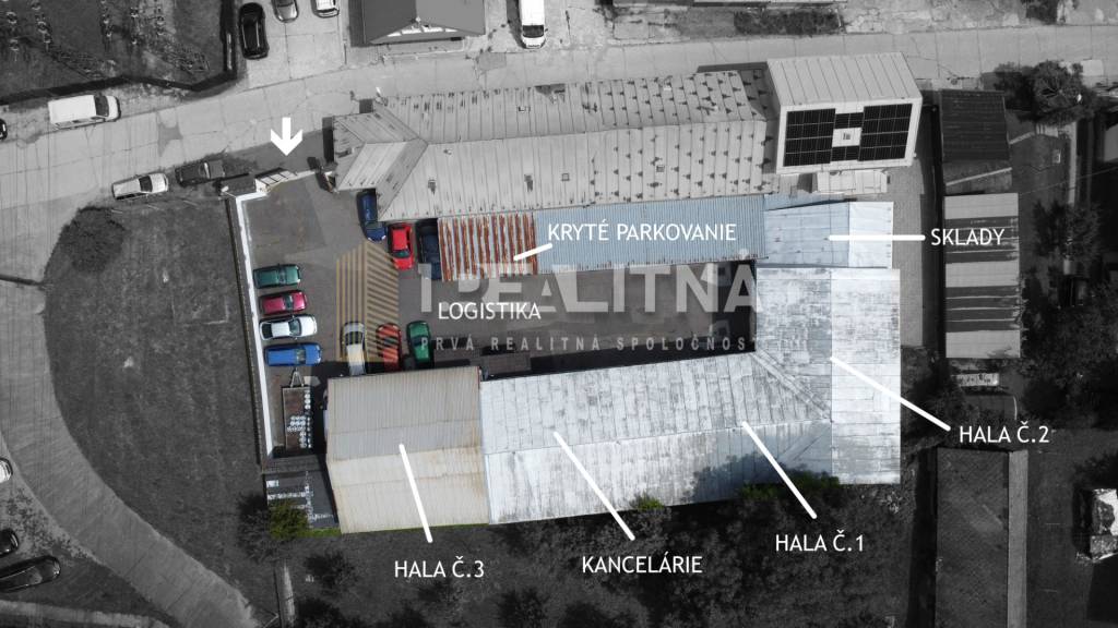 Priemyselný areál (tri haly, recepcia, kancelária, garáže, l - 2
