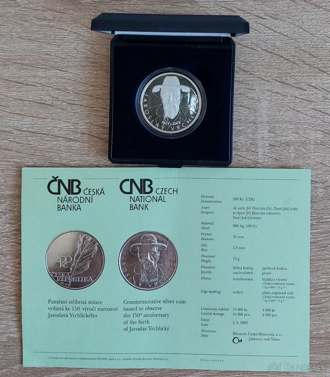 200 Kč Chrám 1994 bk + Vrchlický 2005 proof - 2