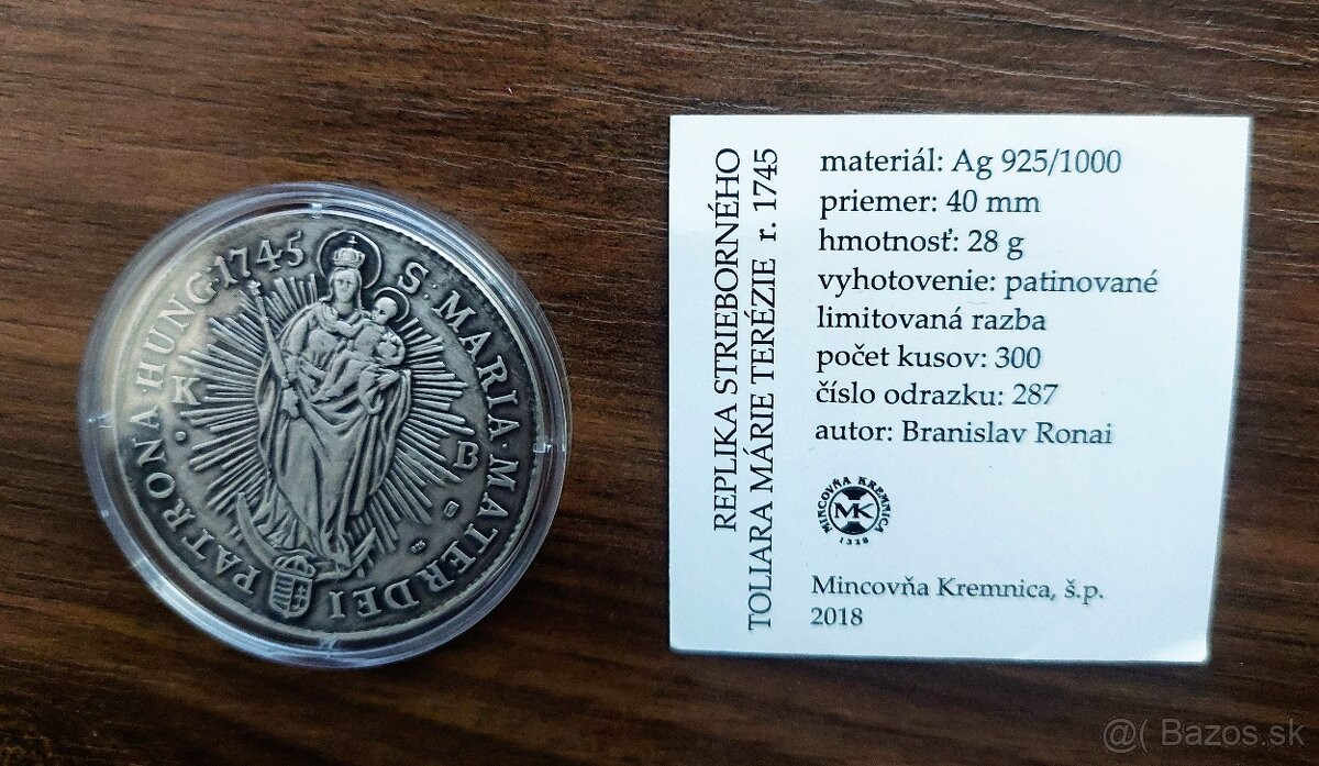 Predám repliku toliara M. Terézie z r. 1745 - 2