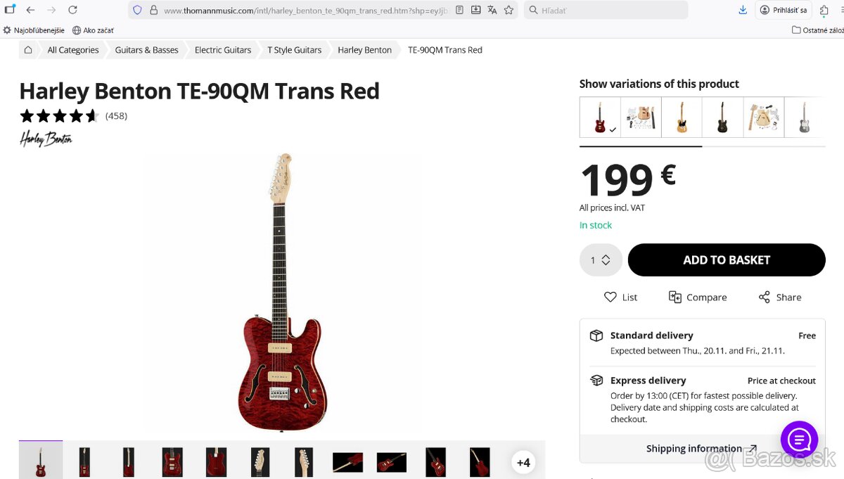 Harley Benton TE-90QM Trans Red - 2