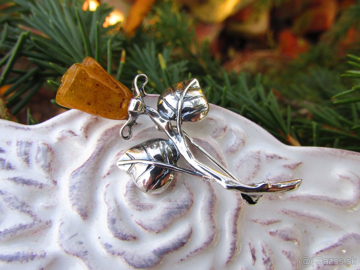 Strieborná brošňa Ruža osádzaná Jantárom, Ag 925 - 2