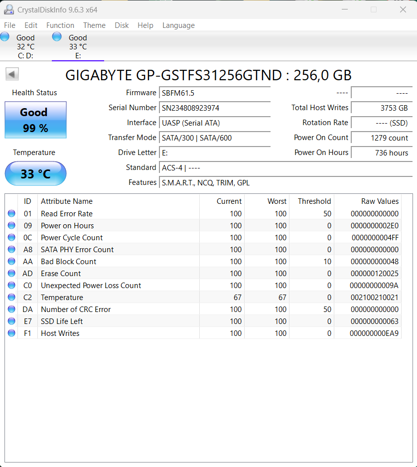 Gigabyte 256GB SSD SATA 2,5 - 2