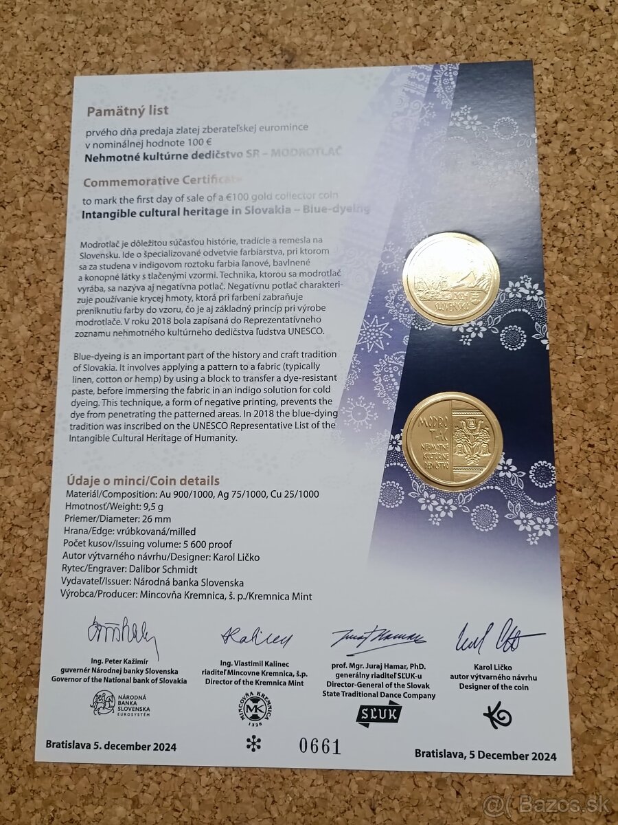 Zlatá minca Modrotlač + pamätný list - 2