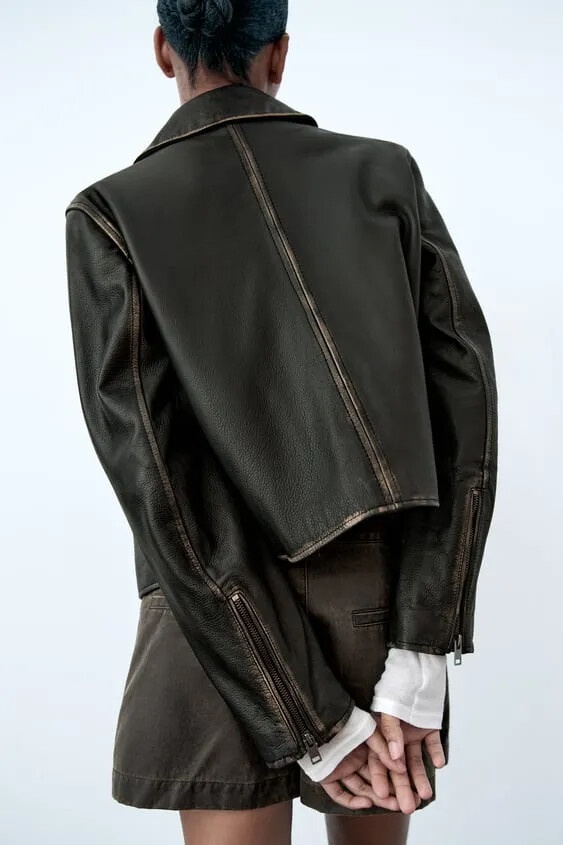 Skrátená kožená bunda ZARA so zničeným efektom. - 2