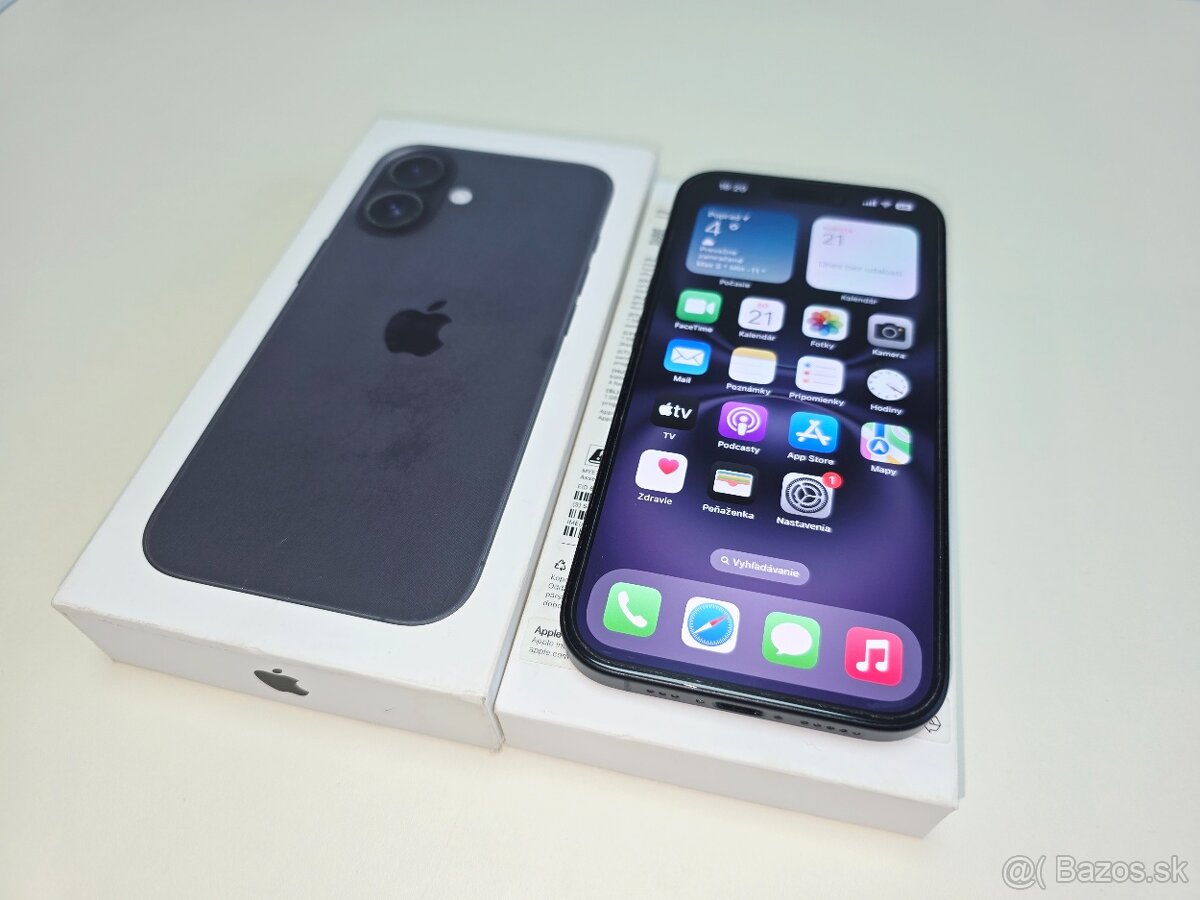 APPLE IPHONE 16 128GB BLACK,BATERKA 100%,ZÁRUKA - 2
