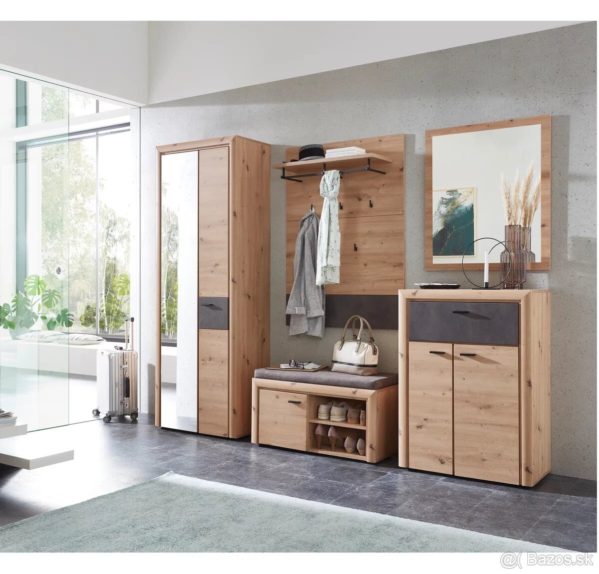 vešiaková stena a lavica na topanky dub artisan - 2