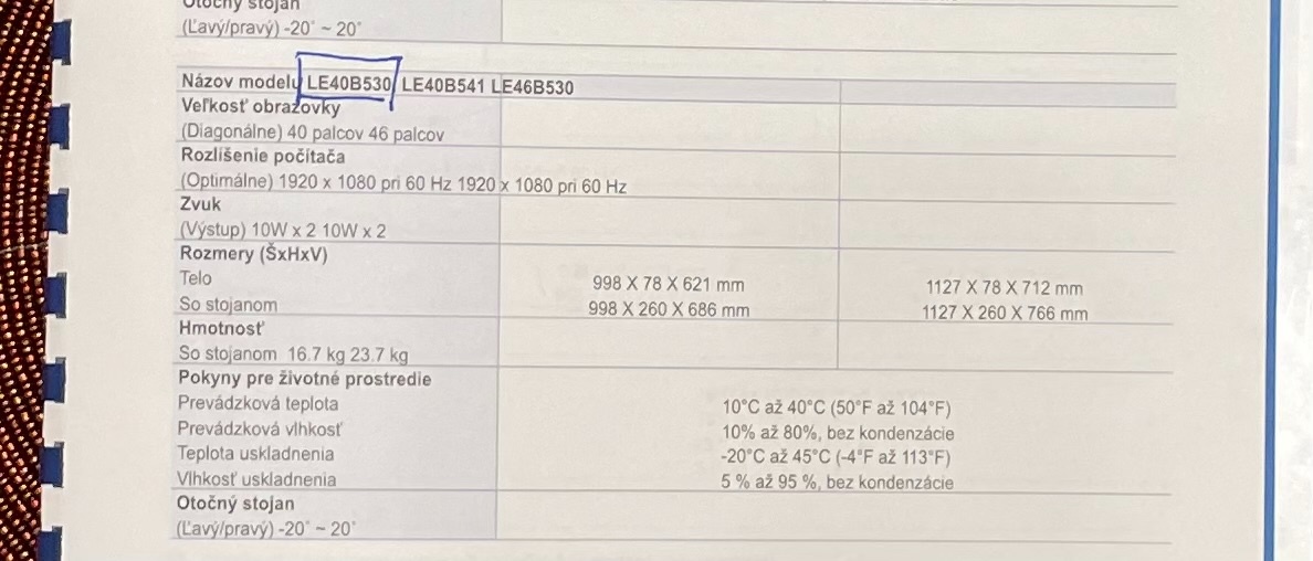 SAMSUNG model LE40B530P7W - 2