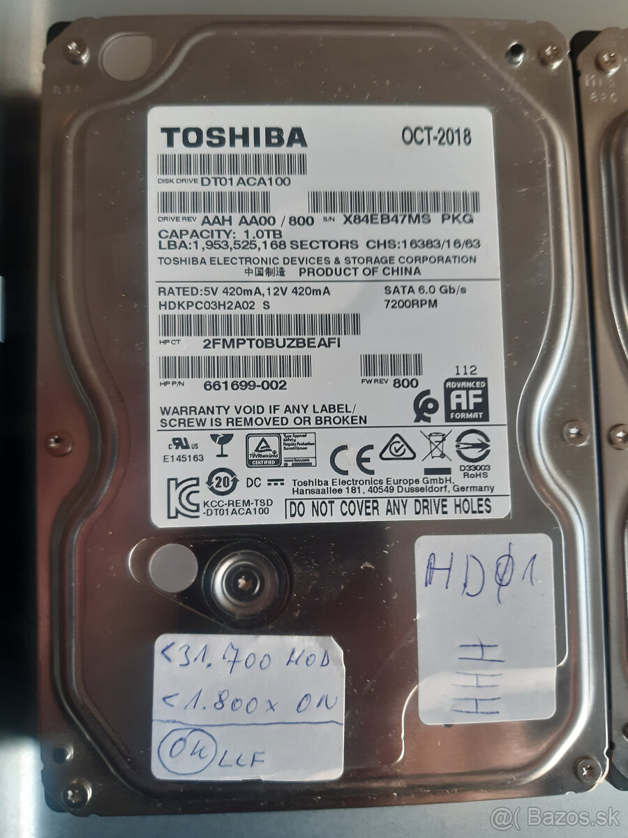 HDD 1TB 3,5" TOSHIBA SATA 3, 32MB cache - použitý - 2