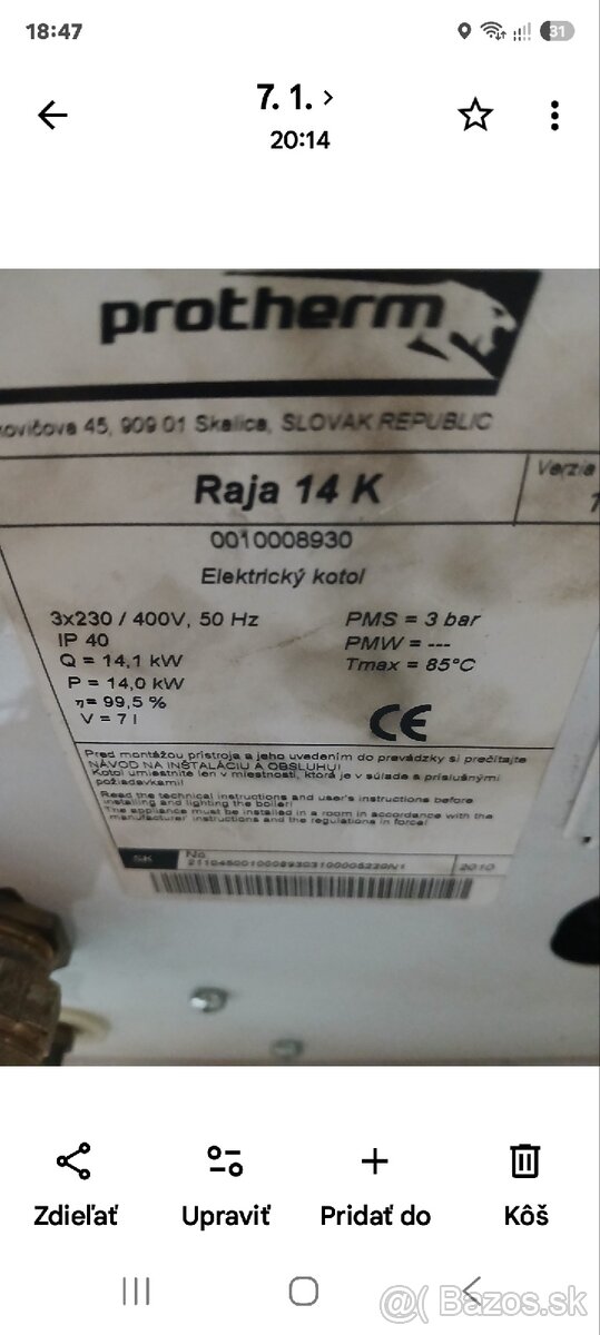 Predám elektro kotol Protherm raja 14k - 2
