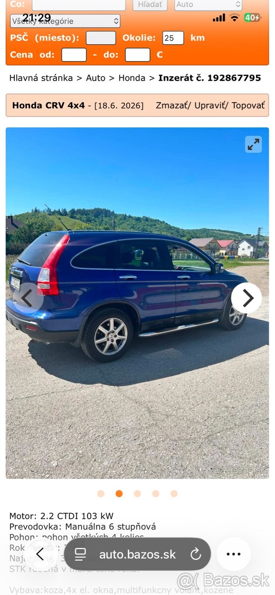 Predám hondu crv 2009 2,2 nafta - 2