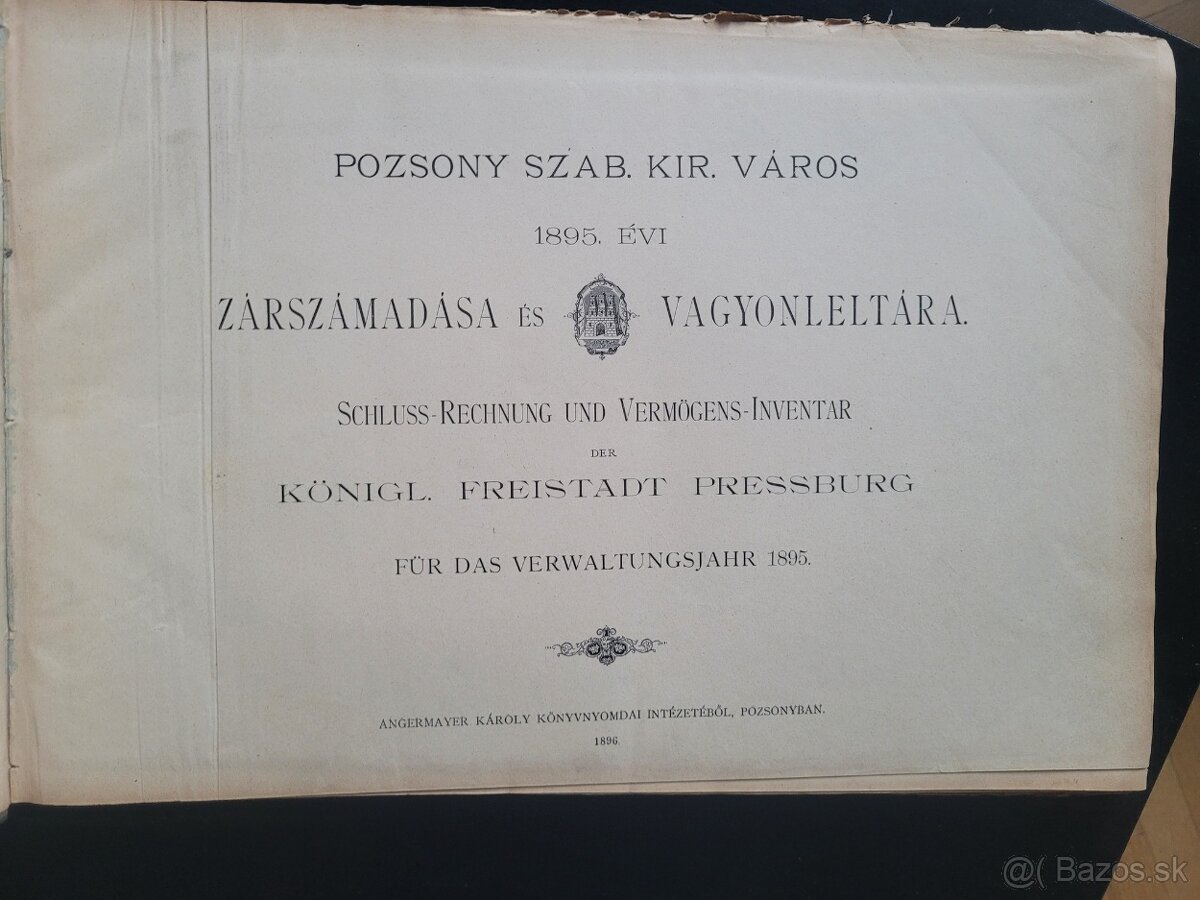 Inventár hlavného mesta Bratislava 1895-1899 rare - 2