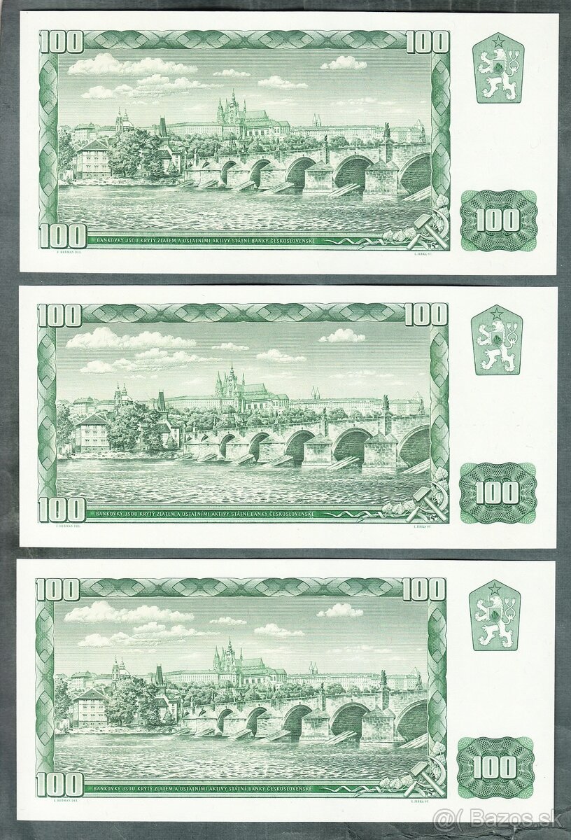 Sestava bankovky 100 kčs 1961 - 3 ks ČÍSLA PO SOBĚ, bezvadné - 2