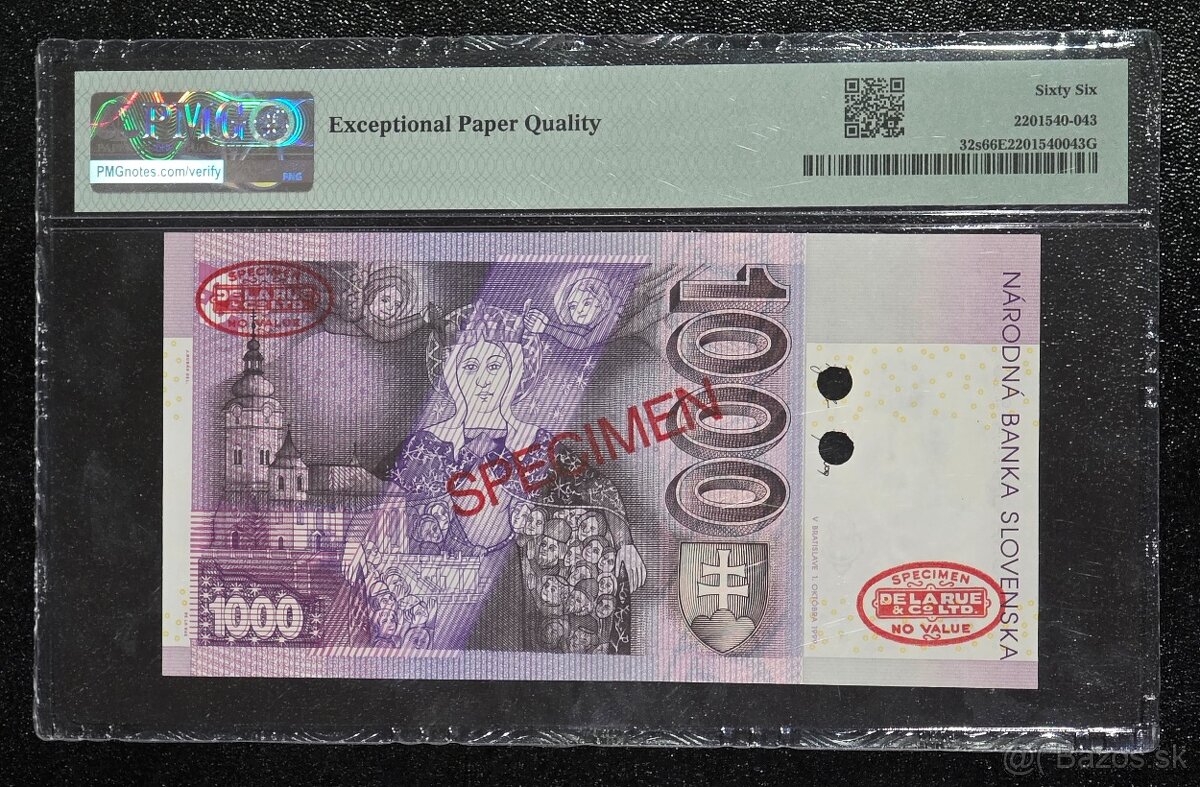 1000 Sk 1999 G anulát s pečaťou DeLaRue ,PMG 66 TOP POP - 2