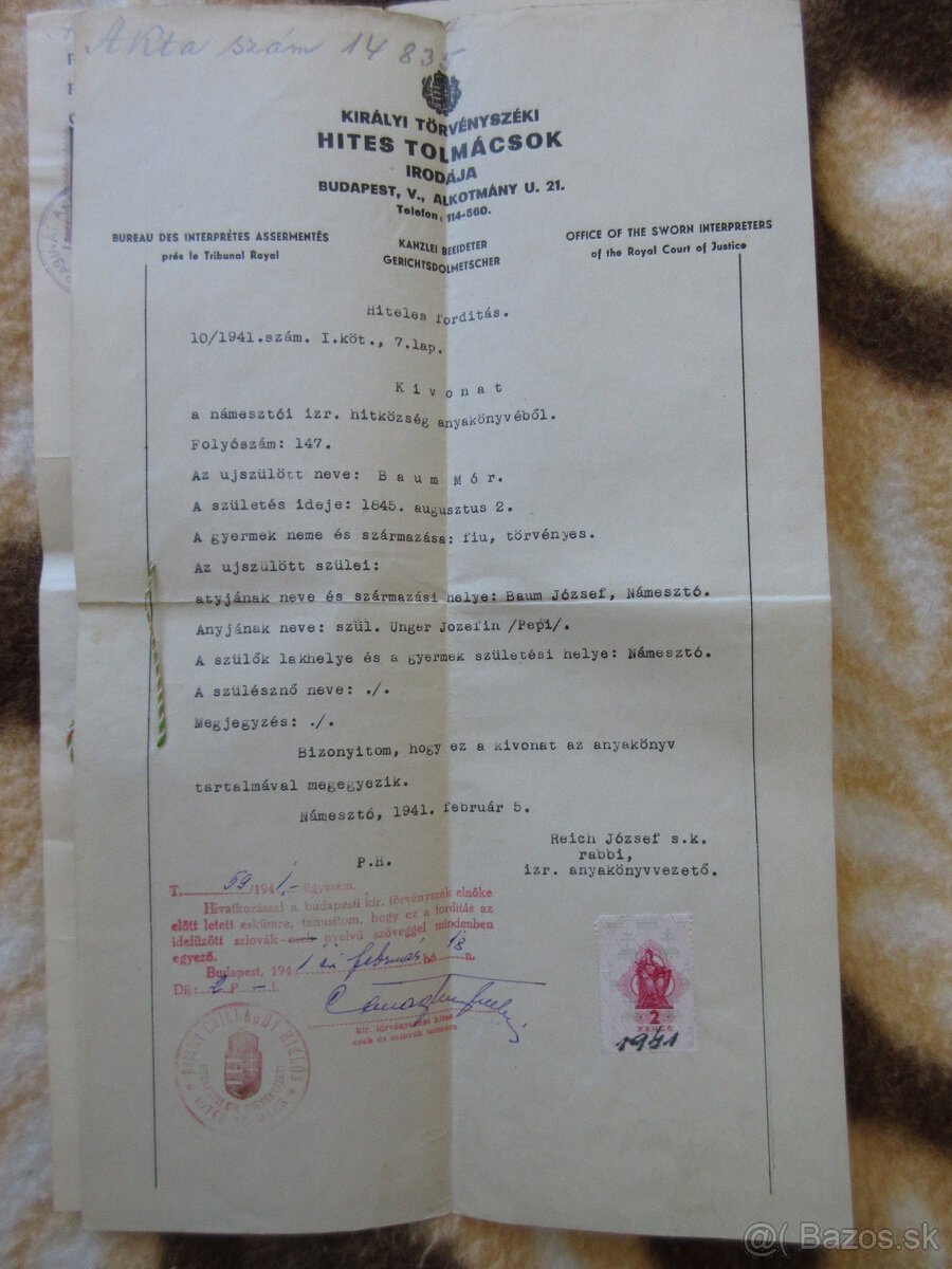 Listina r. 1941 Námestovo, výťah z nám. žid. matriky, - 2