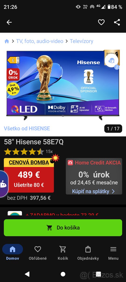 Predám tv Hisense Qled 58E7Q - 2