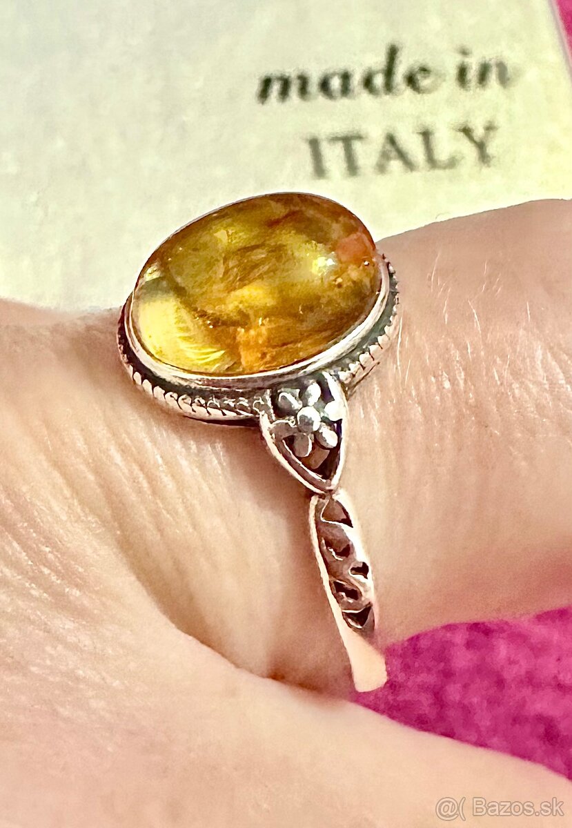 Nový strieborný vintage prsteň s jantárom - 2