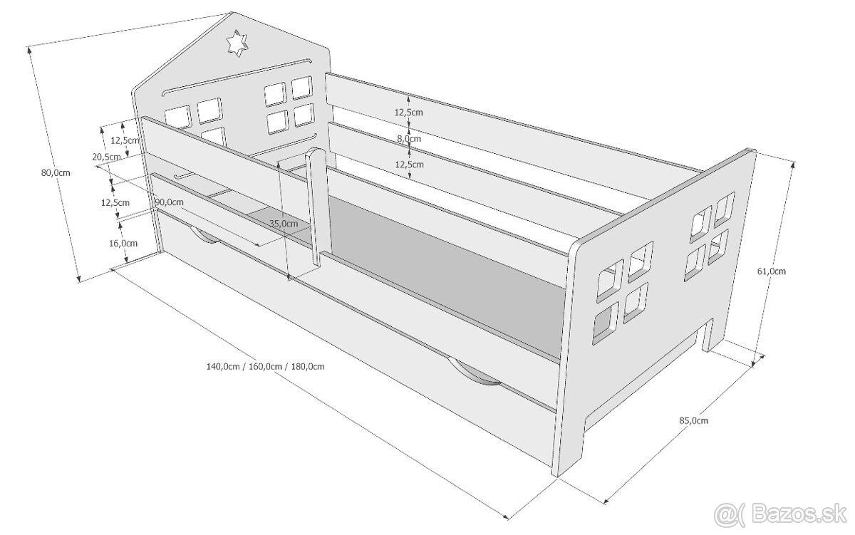 Detská posteľ domčeková + šuflík 180cm a Matrac - 2