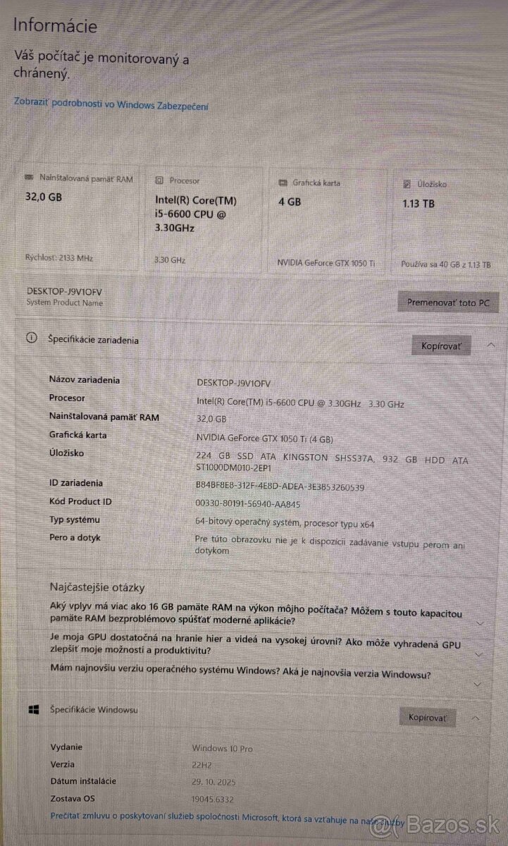 Intel i5-6600 3.3GHz, 32GB RAM, GTX 1050Ti, 256GB SSD+1TB - 2