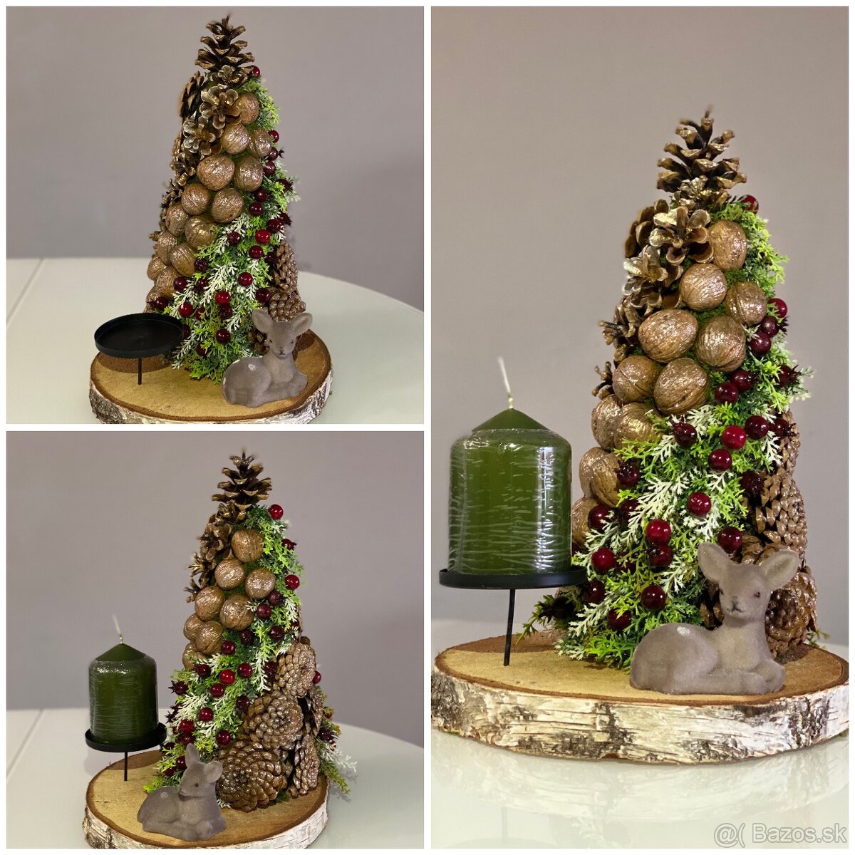 Vianočný stromček zo šišiek, orechov a bobuľkami na dreve - 2