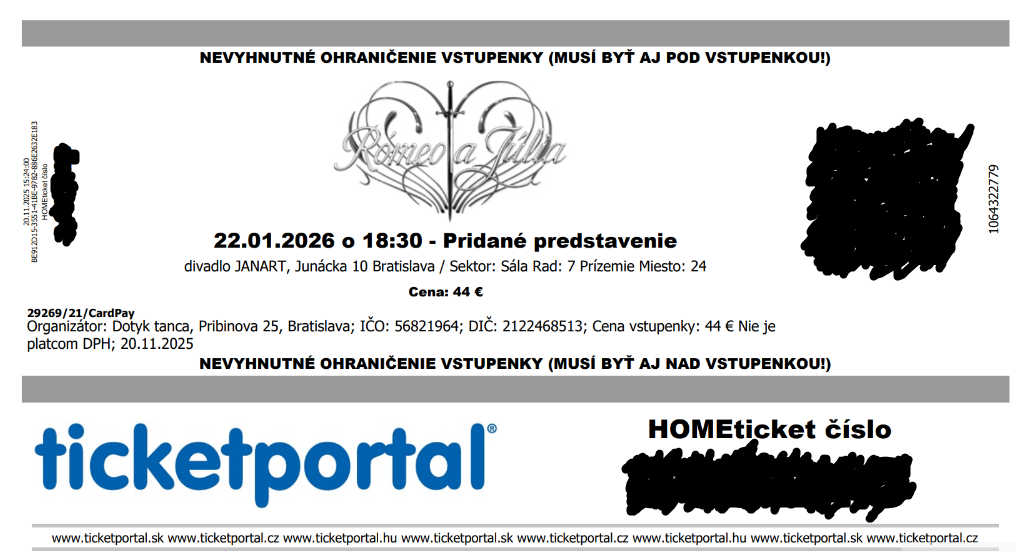 Predám 2 lístky,Rómeo a Júlia.divadlo JANART. 22.1.26, 18:30 - 2