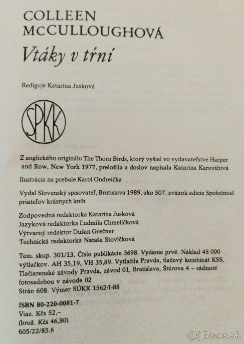 Predám knihu Colleen McCulloughová – Vtáky v tŕní, 1989 - 2