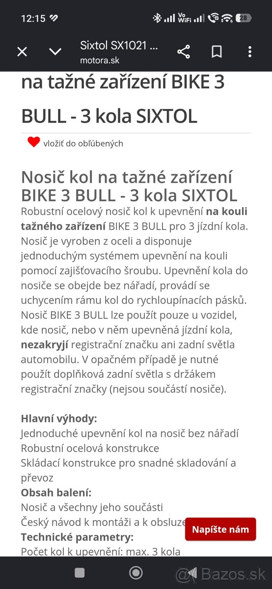 Predám nosič bicyklov Sixtol. - 2