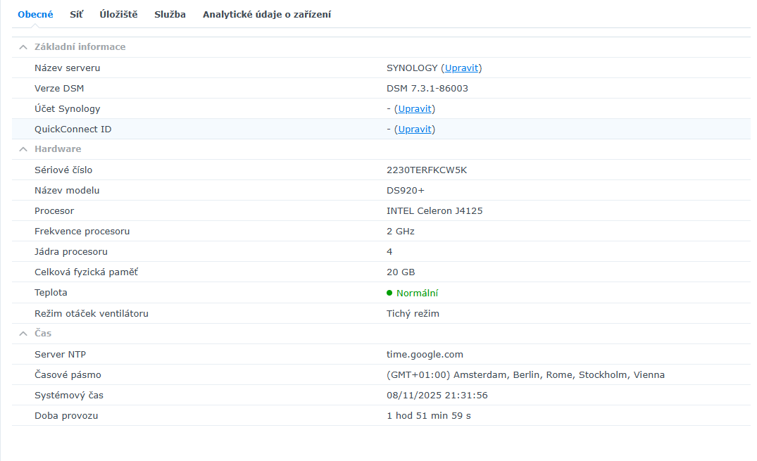 Synology DS920+ (bez HDD) - 2x NVMe cache, 20 GB RAM - 2