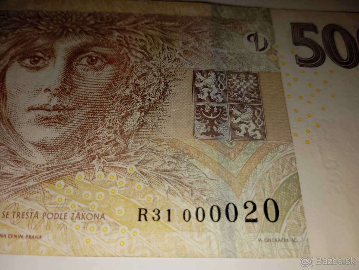 BANKOVKA 500 KČ, VZÁCNĚJŠÍ SÉRIE R, PĚKNÉ ČÍSLO - 2