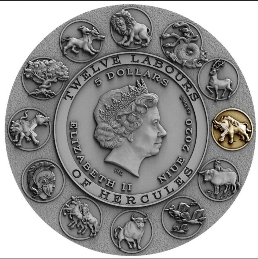 Dvanásť prác Herkula 2 Oz strieborná minca 5 $ Niu - 2