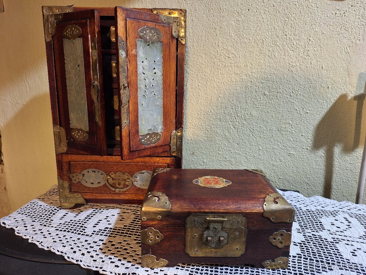 Drevené šperkovnice orientálny/čínsky štýl, mosadzné kovanie - 2