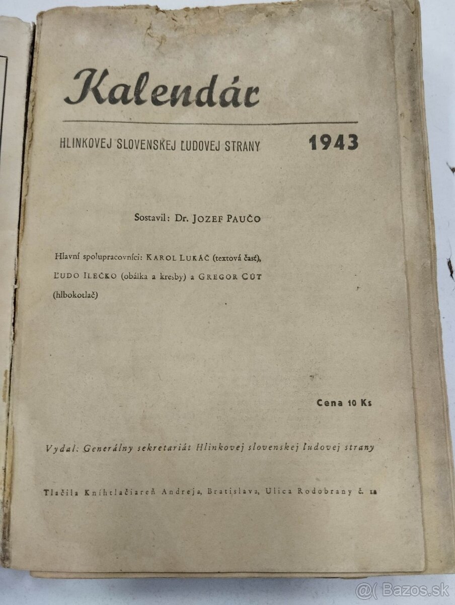 Kalendár HSĽS - 1943 ZLAVA - 2