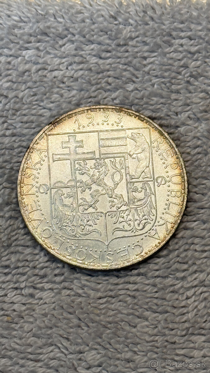 Stříbrná mince Československo – 20 Kčs 1933 (15. výročí repu - 2
