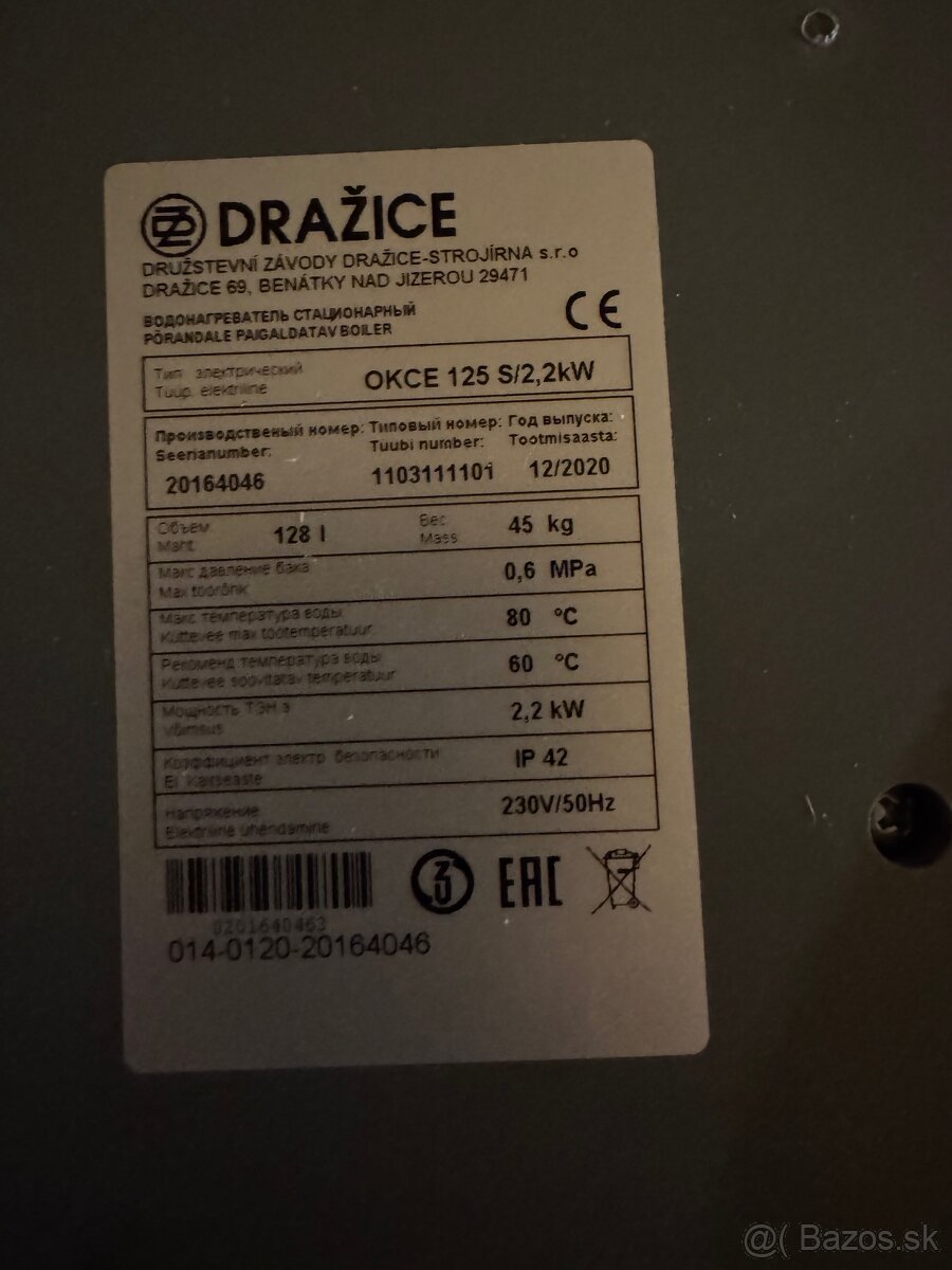 Predám elektricky boiler Dražice OKCE. 125 s/2,2 - 2
