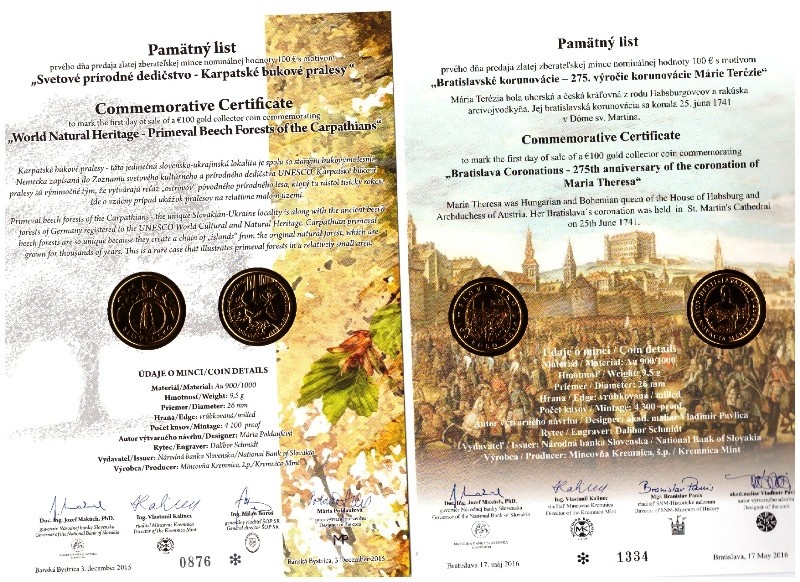 Pamätné listy k 100€ minciam - 2