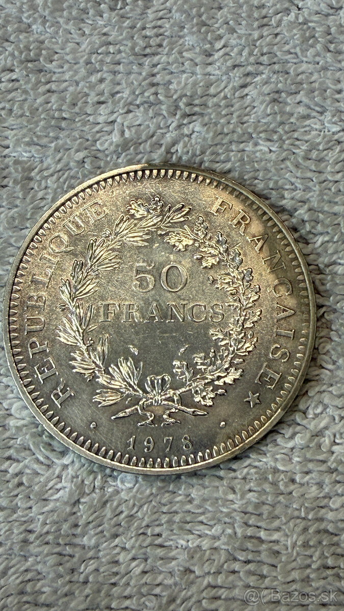 Stříbrná mince Francie – 50 Francs 1978, typ Herkules (Ag 90 - 2
