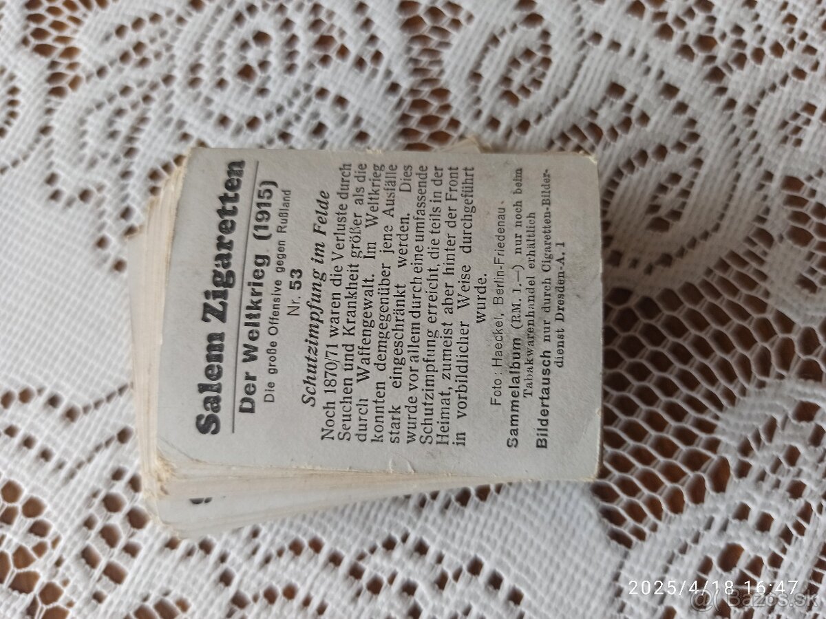Cigaretové kartičky z 1 sv.v.(originál) plus minca - 2