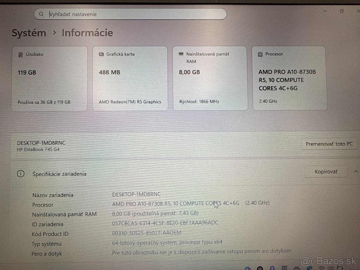 Notebook HP EliteBook 745 G4, A10, SSD 120 GB, 8 GB RAM - 2