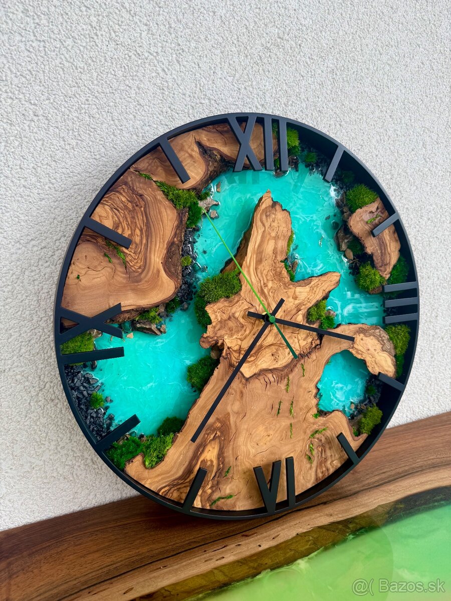 Machove hodiny s olivou a epoxidom 40cm , Epoxidove hodiny - 2