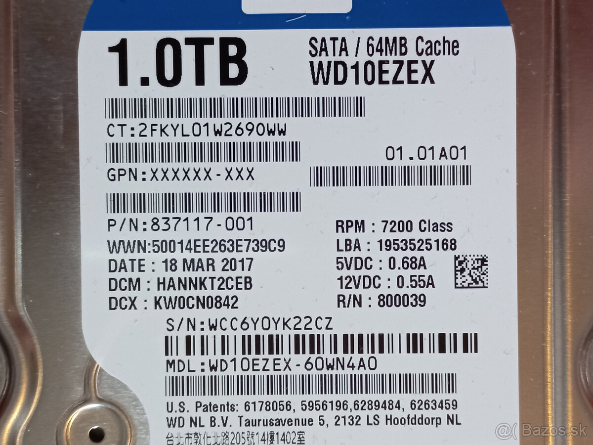 HDD 1TB 3,5" WD10EZEX SATA 3, 64MB cache - použitý - 2