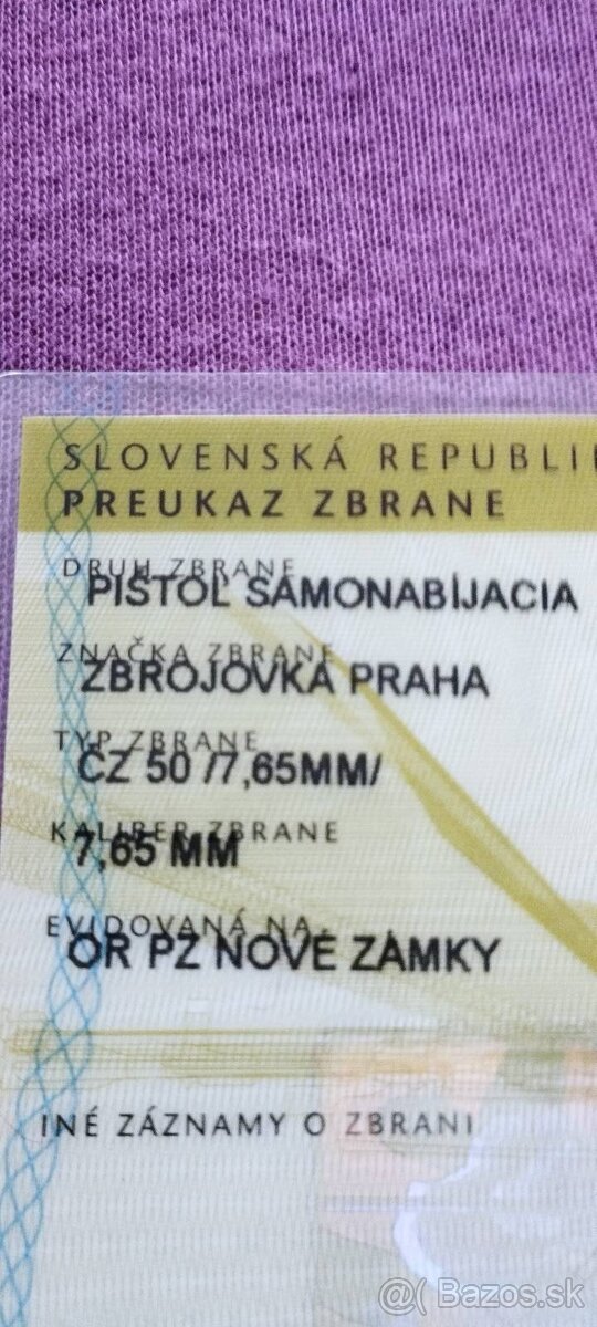 Predám samonabíjaciu pištoľ ČZ 50 - 2