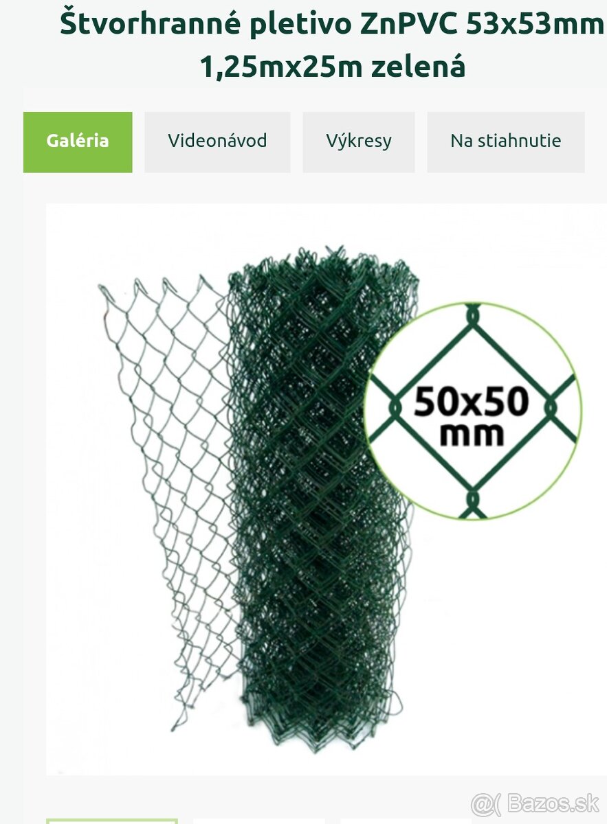Štvorhranné pletivo ZnPVC 53x53mm 1,25mx25m zelená - 2