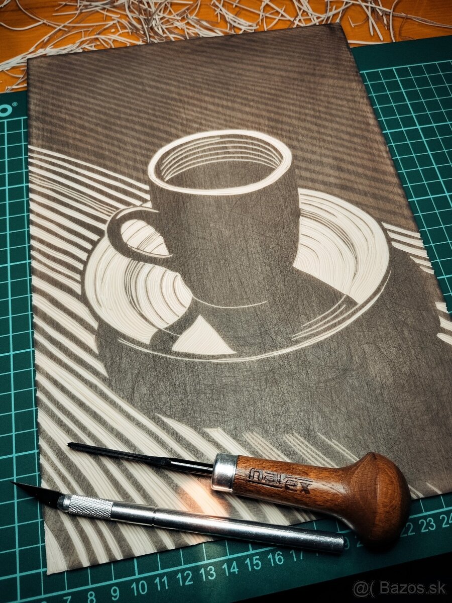 Šálka - linoryt - grafika - 2