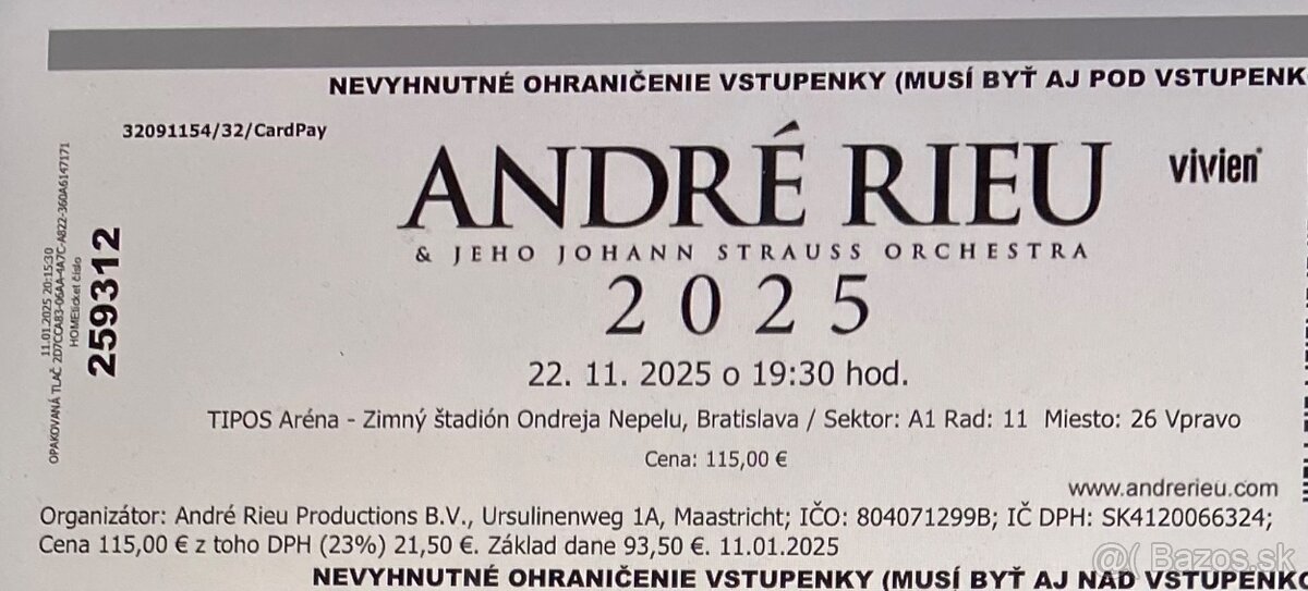 Koncert André Rieu - 22.11.2025 - Bratislava Tipos Aréna - 2