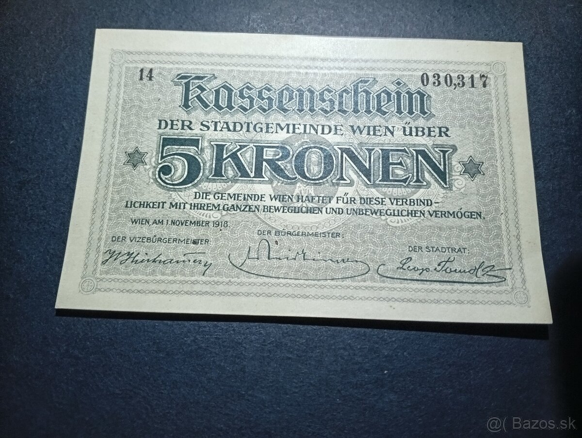 Predám 5 Kronen 1918 Wien UNC - 2