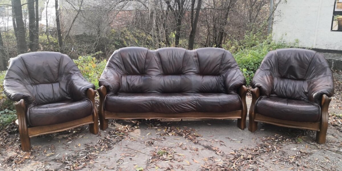 Kožená sedacia súprava 3+1+1 s masivnym drevom - 2