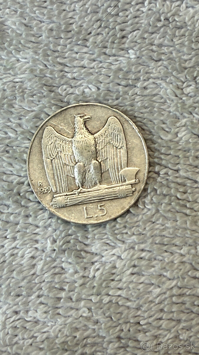 Stříbrná Mince Italské Království – 5 Lire 1929 (Vittorio Em - 2