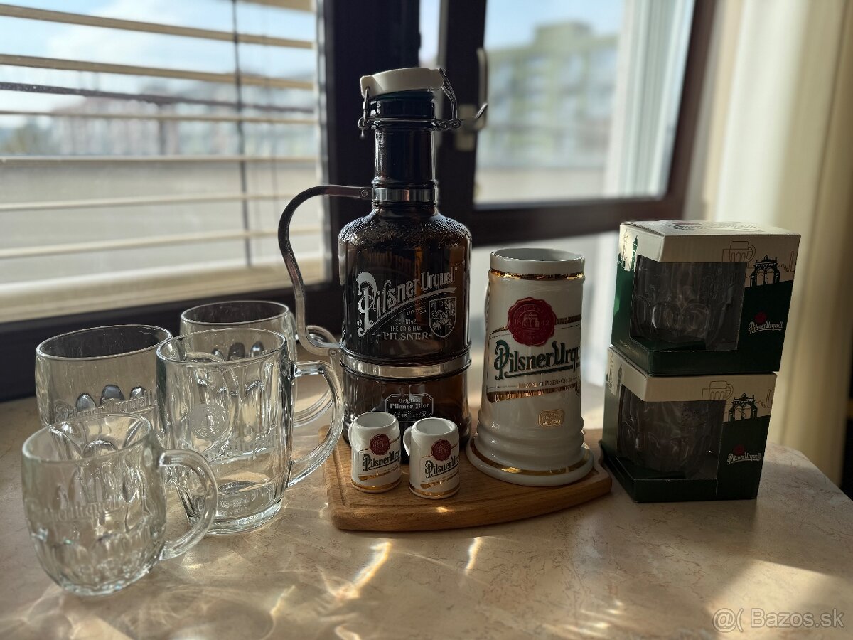 Súprava riadu, hrnčekov a pohárov Pilsner Urquell. Ako nové. - 2