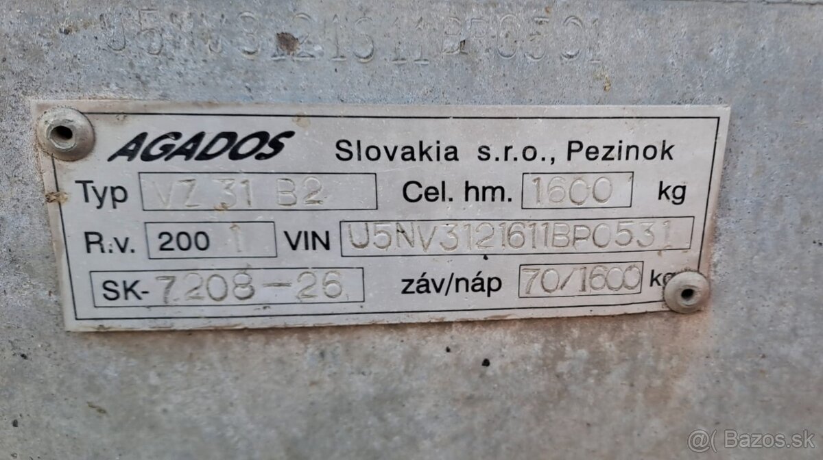 Prívesný vozík brzdený Agados 1,6T. - 2