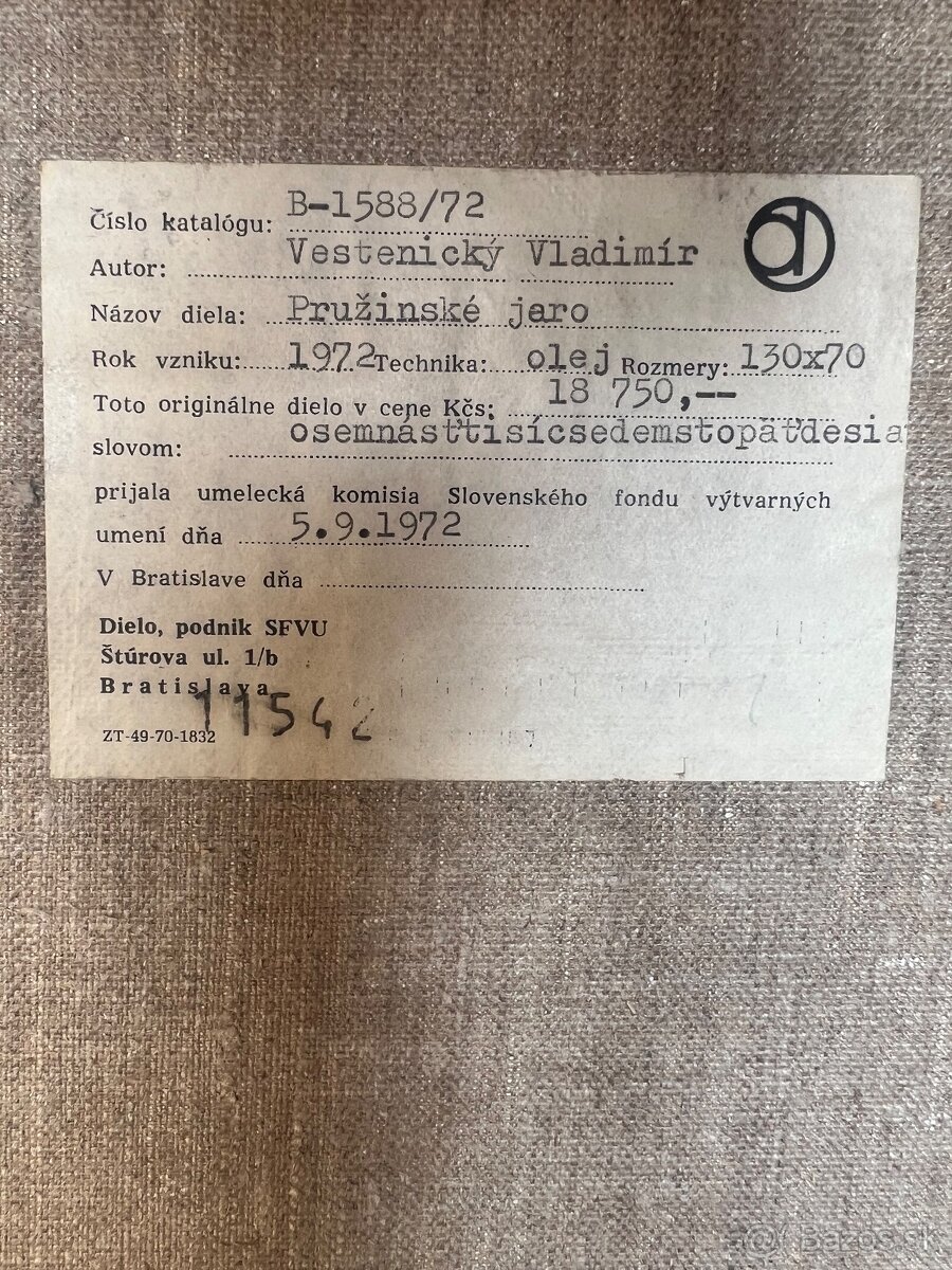 Predám obraz Vestenický Vladimír Pružinské jaro 1972 - 2