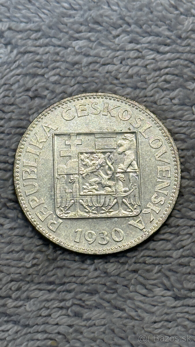 Stříbrná mince Československo – 10 Kčs 1930 (sedící postava - 2